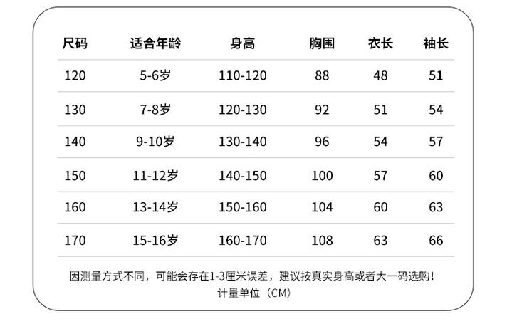 中童衣服码数尺寸对照表,儿童衣服尺码对照表，快速选购指南